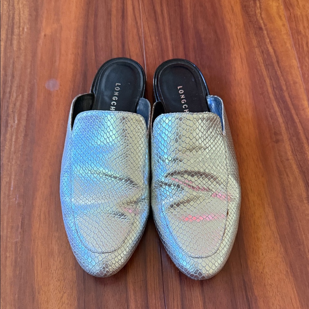 Longchamp Iridescent Silver Mules